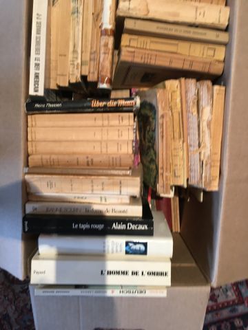 Carton de livres brochés et reliés. En l...