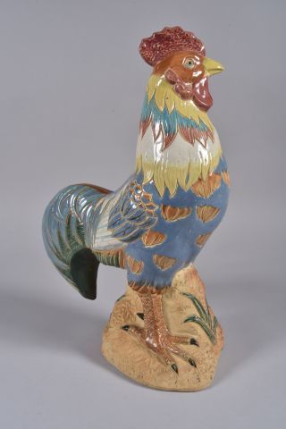 Grand coq en céramique émaillée polychrome,...