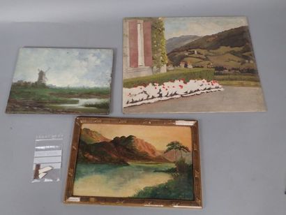 Ensemble d'huiles sur panneaux. 
- Ecole...