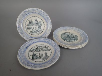 Gien . Six assiettes en faïence à décor imprimé,...