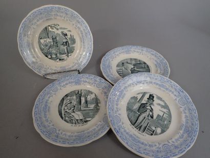 Gien . Six assiettes en faïence à décor imprimé,...
