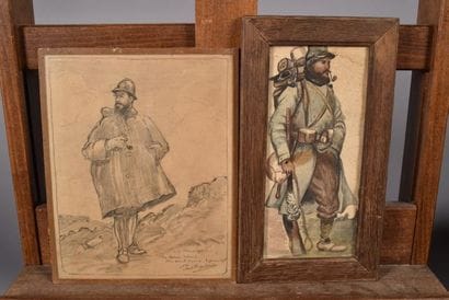 Deux pièces encadrées : 1 aquarelle « poilu...