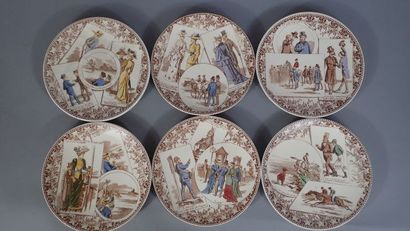 SARREGUEMINES. Suite de 6 assiettes parlantes...