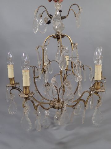 Lustre cage à pampilles en bronze doré à...