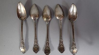 Ensemble de cinq cuillères à dessert en argent...