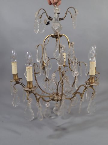 Lustre cage à pampilles en bronze doré à...