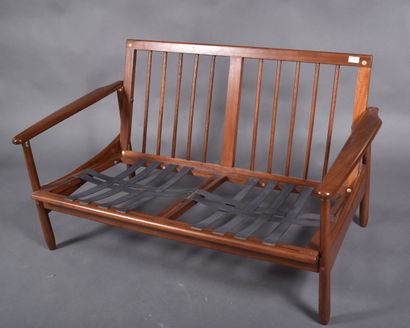 Scandinavian bench in solid teak, four brass...