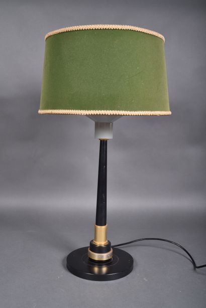Brass and black lacquered metal three-bulb...