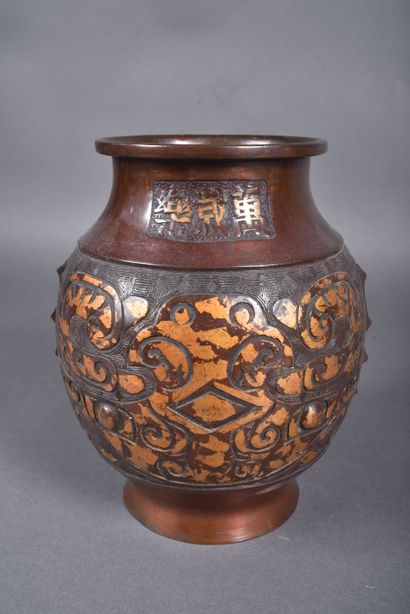 Bronze vase with brown patina and gilded...