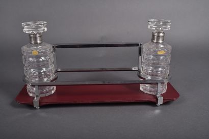 LANCEL. Leather and chrome-plated metal server...
