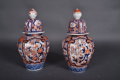 Pair of ribbed imari porcelain covered potiches...