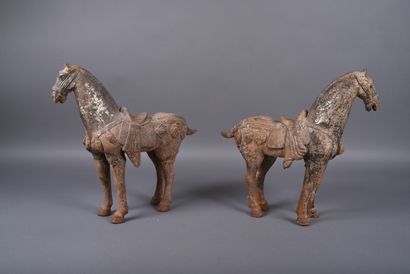Pair of Tang-style horses in terracotta,...