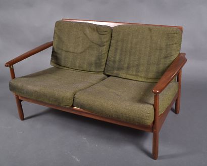 Scandinavian bench in solid teak, four brass...