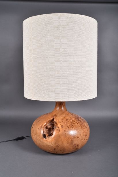 Large elm burl lamp with cylindrical fabric...