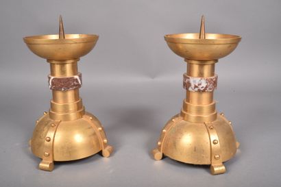 Pair of ormolu candlesticks, the stepped...