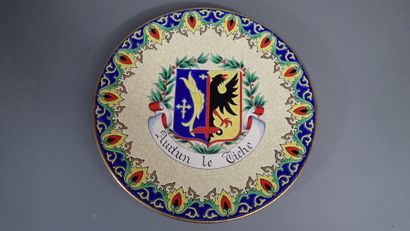 LONGWY. Large dish in Longwy enamels decorated...