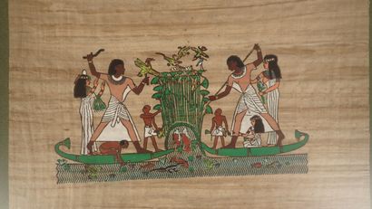 Deux Papyrus peints à décor égyptien encadrés,...