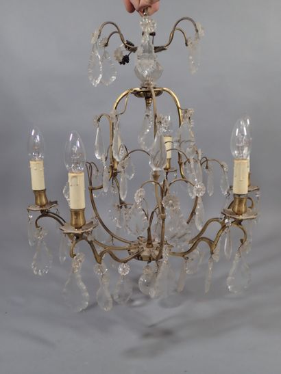 Lustre cage à pampilles en bronze doré à...