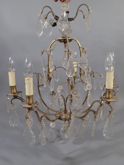 Lustre cage à pampilles en bronze doré à...