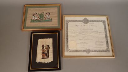 Deux Papyrus peints à décor égyptien encadrés,...