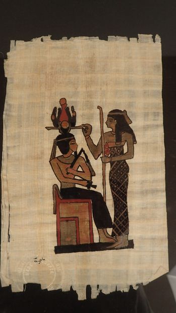 Deux Papyrus peints à décor égyptien encadrés,...