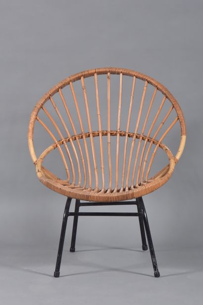 Set of four rattan armchairs, shell model,...