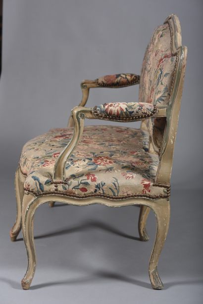 Molded and carved beech sofa in gray and...