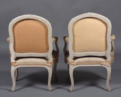 Pair of armchairs in gray beech, molded and...
