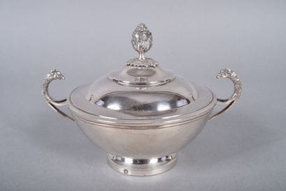 Silver covered bouillon with pinecone-shaped...