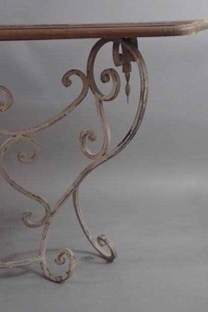 Console table with grey-lacquered wrought-iron...