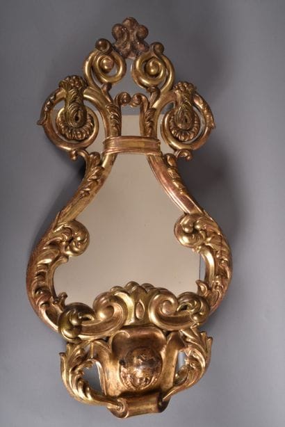 Large lyre-shaped gilded wood mirror with...