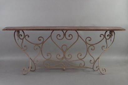 Console table with grey-lacquered wrought-iron...