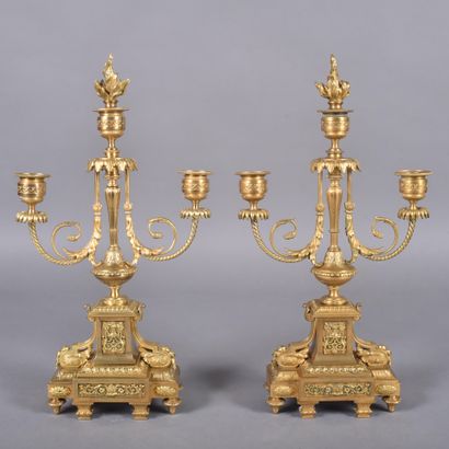 Pair of three-light ormolu candelabra, the...