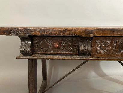 Walnut table with iron hooks, triangular...