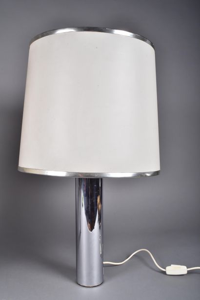 Pair of table lamps with chrome-plated cylindrical...