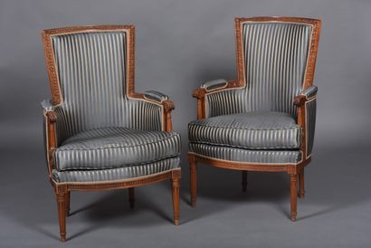 Pair of molded and carved beech bergères...