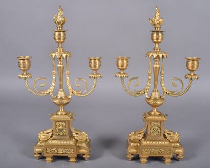 Pair of three-light ormolu candelabra, the...
