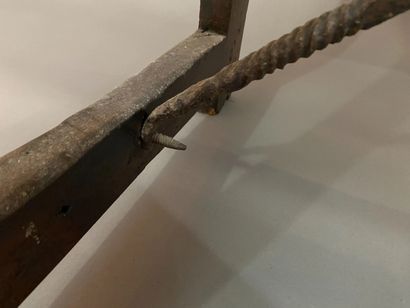 Walnut table with iron hooks, triangular...