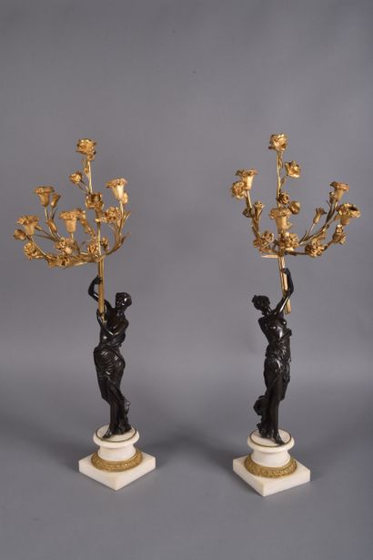 Pair of large candelabras in double patina...