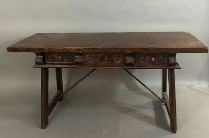Walnut table with iron hooks, triangular...