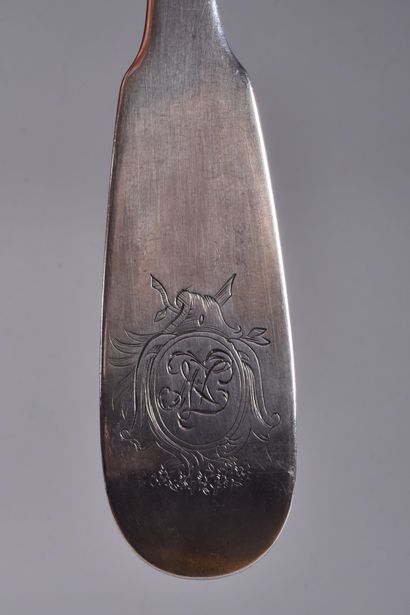 Silver ladle, uniplat model, spatula monogrammed...