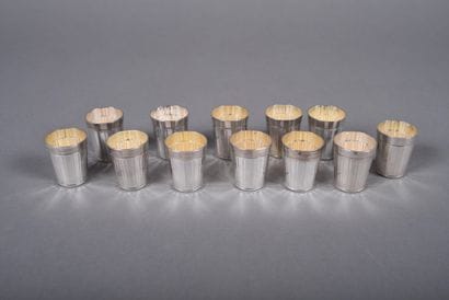Twelve silver liqueur goblets. 
Minerve hallmark,...