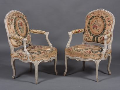 Pair of armchairs in gray beech, molded and...