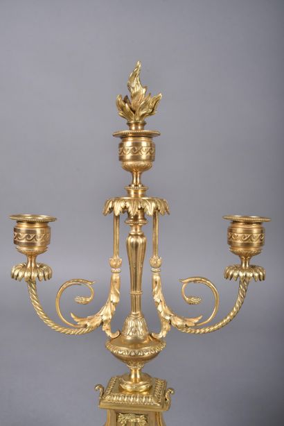Pair of three-light ormolu candelabra, the...