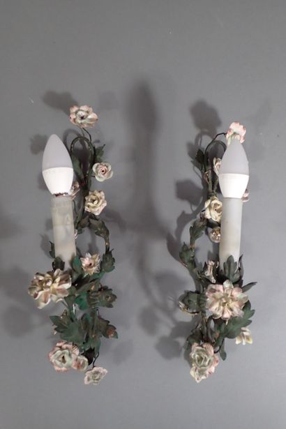 Pair of single-light sconces in green lacquered...