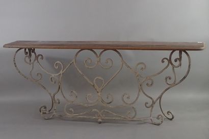 Console table with grey-lacquered wrought-iron...