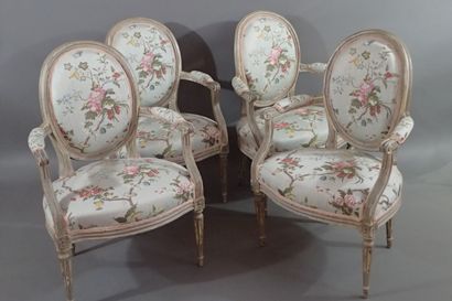 Four molded beech cabriole armchairs with...