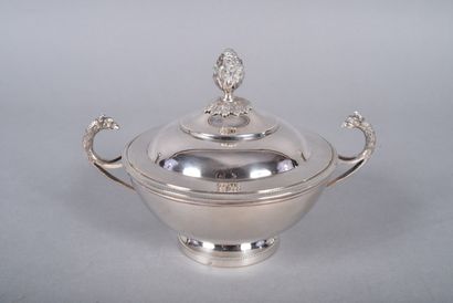 Silver covered bouillon with pinecone-shaped...