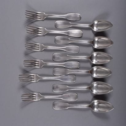 Six pieces of flat silver flatware, monogrammed...
