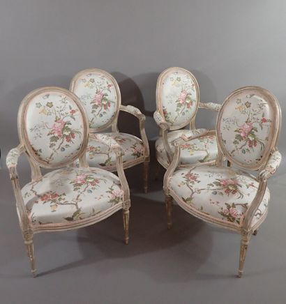 Four molded beech cabriole armchairs with...